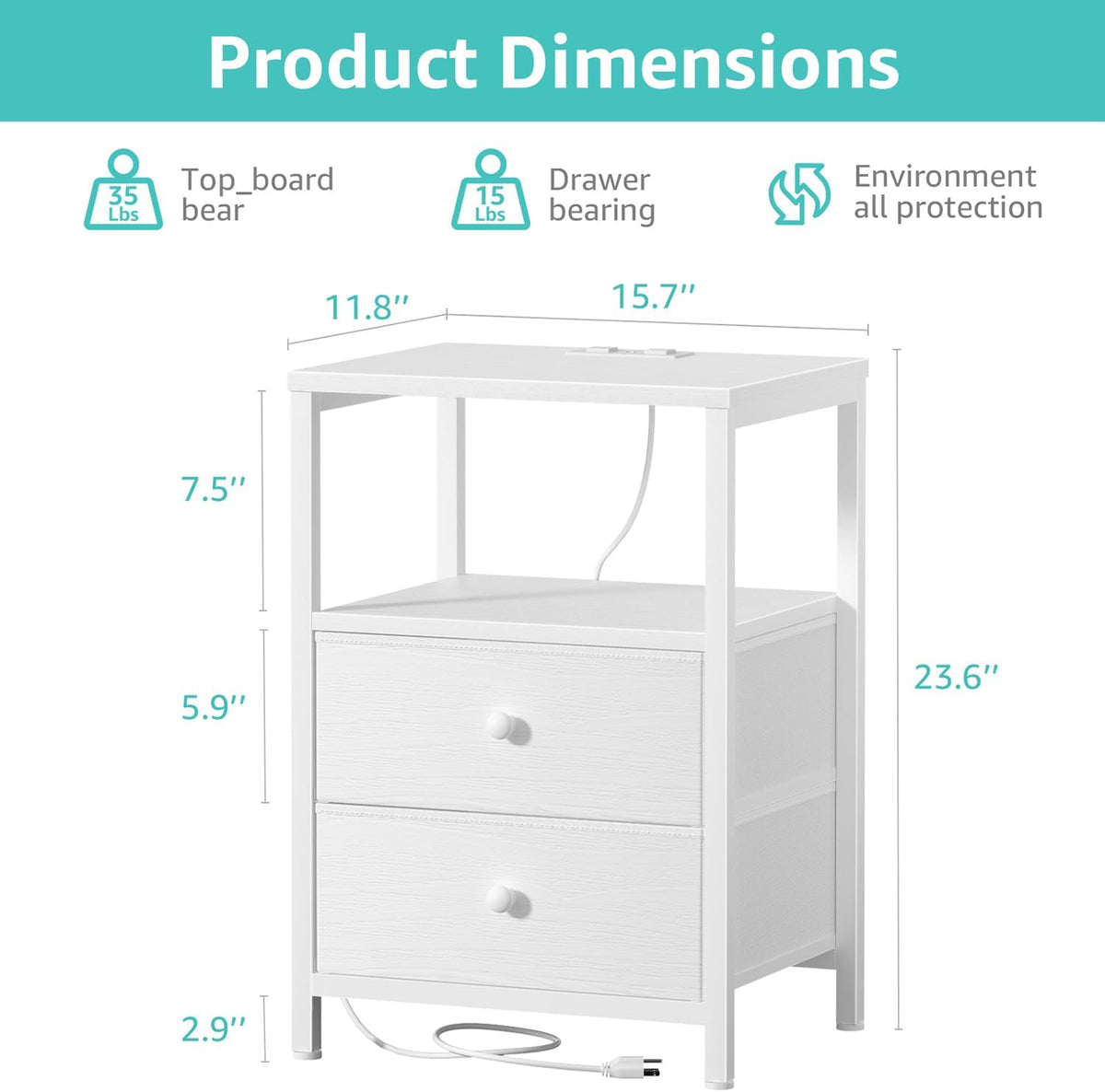 White Modern Nightstand With LED Charging Station