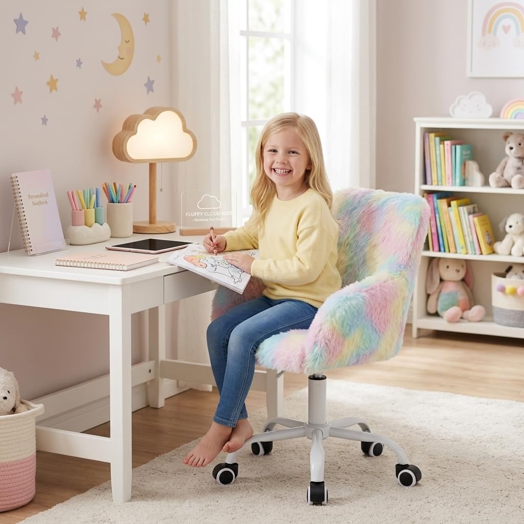 Rainbow Faux Fur Swivel Kids Study Chair