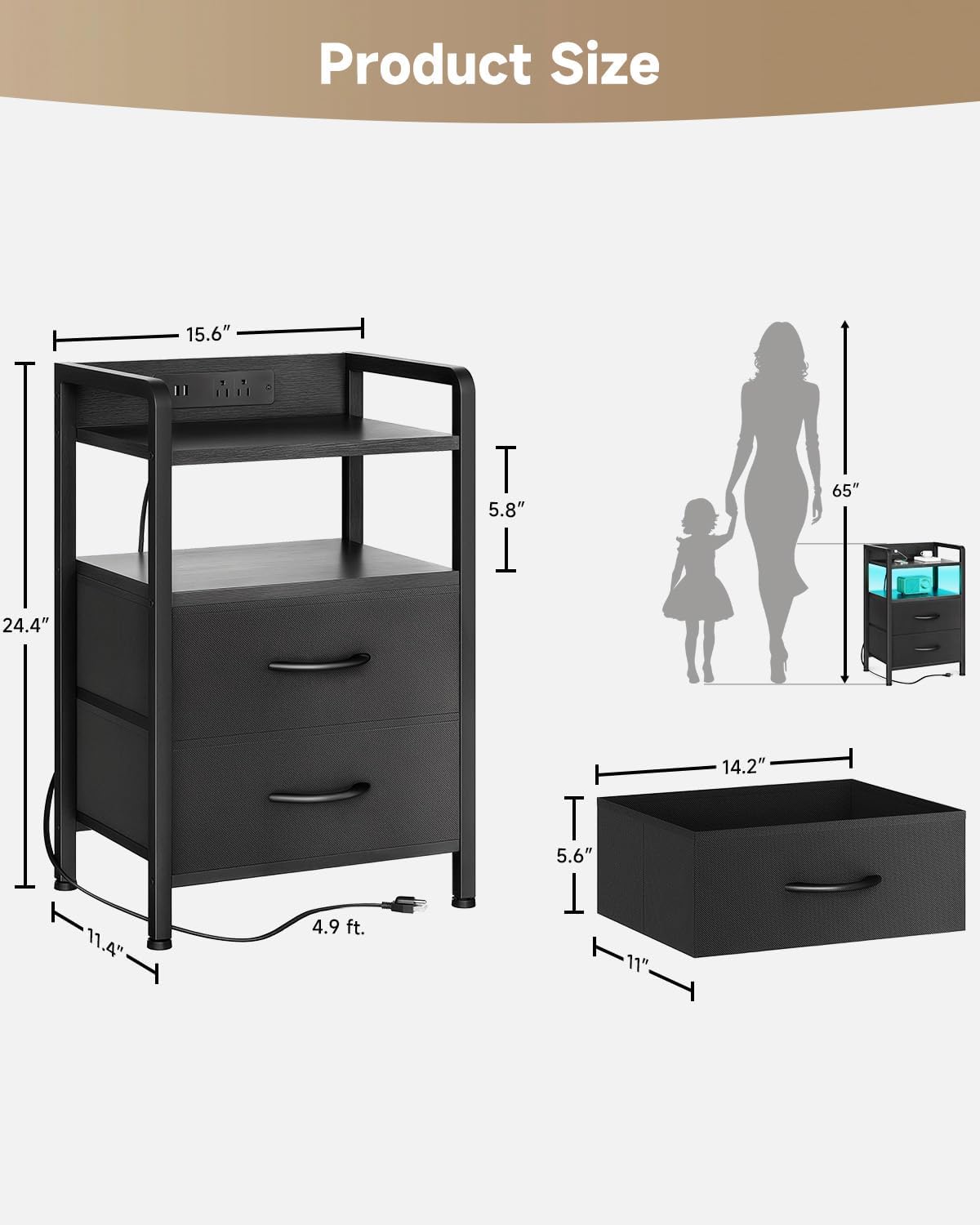 Black Nightstand With LED Charging Station