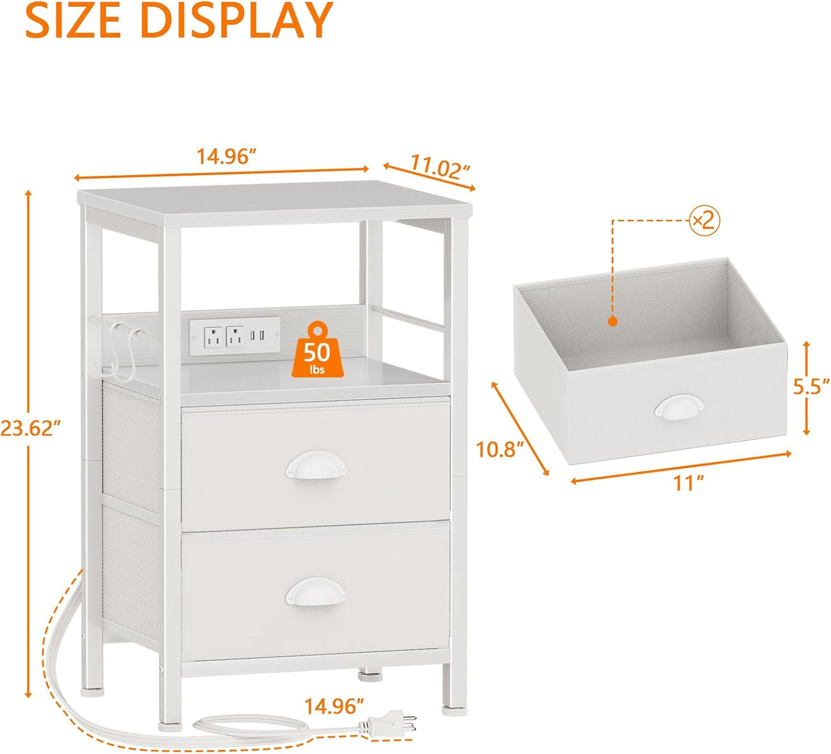 White Nightstand With Charging Storage Drawers