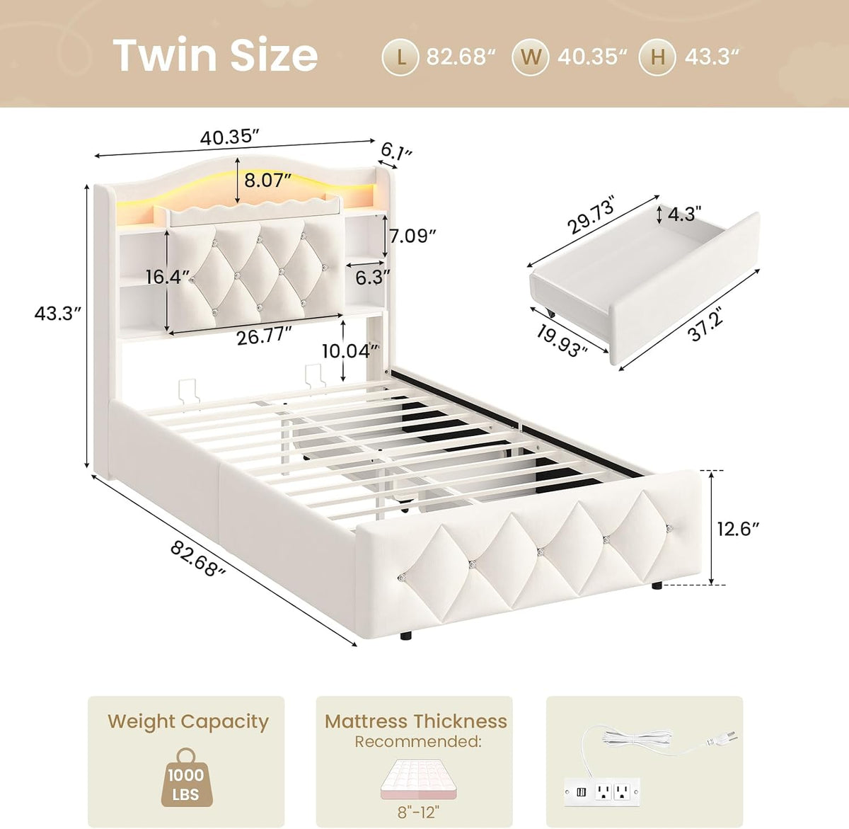 Beige Velvet Twin Kids Storage Bed Frame