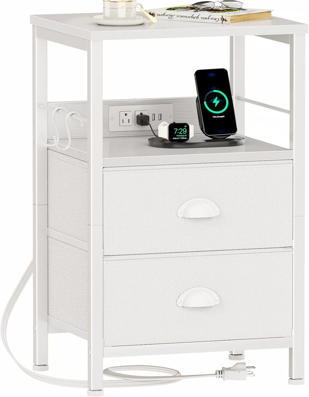 White Nightstand With Charging Storage Drawers