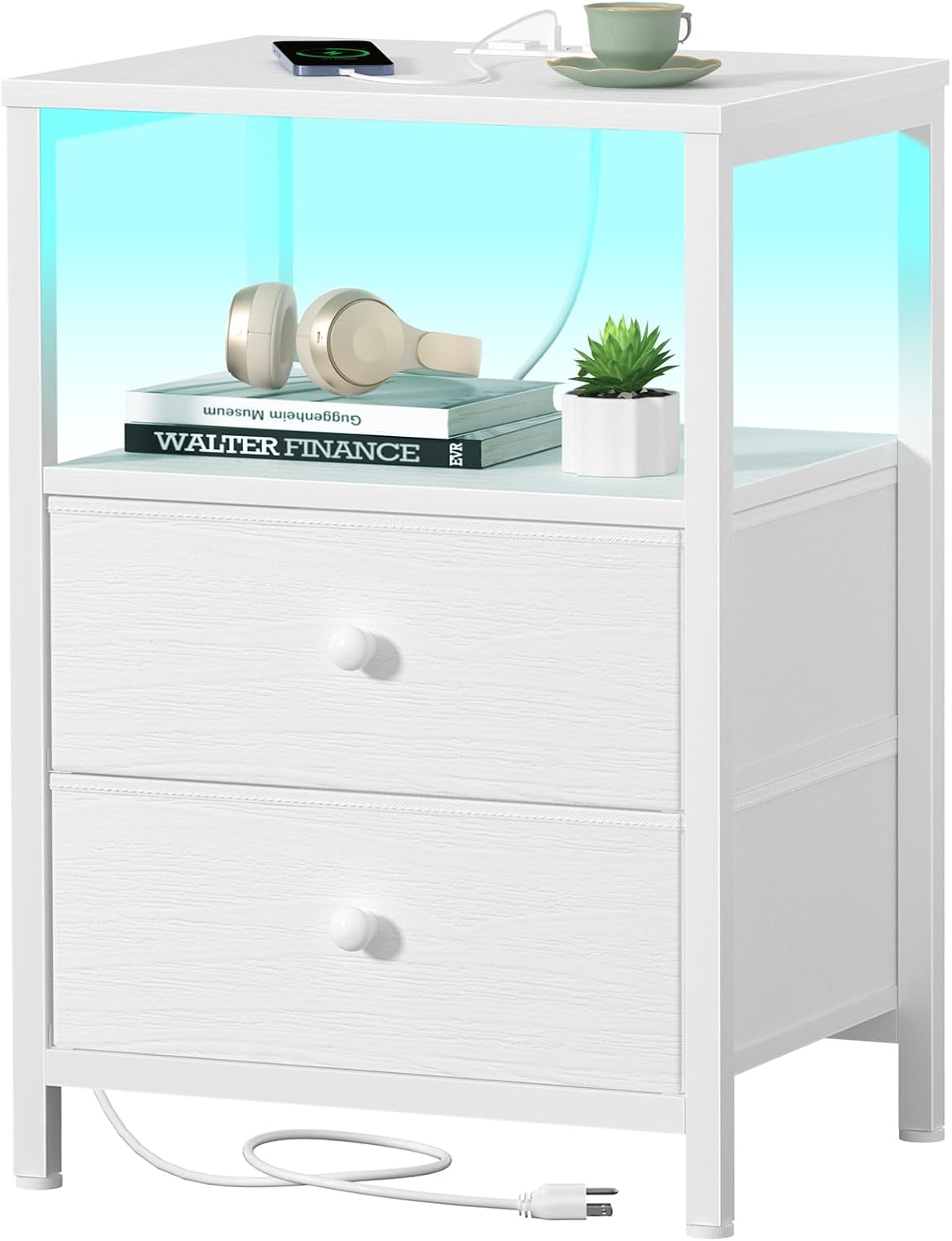 White Modern Nightstand With LED Charging Station