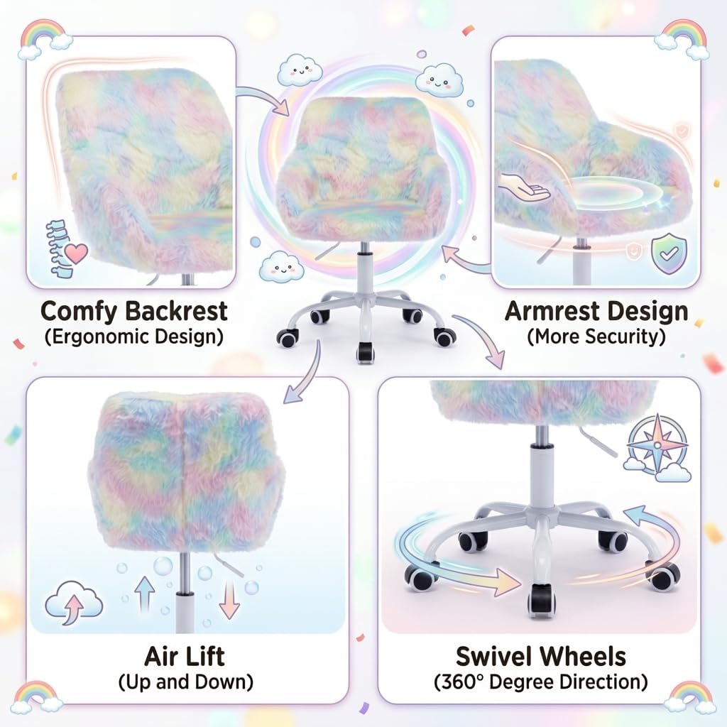 Rainbow Faux Fur Swivel Kids Study Chair