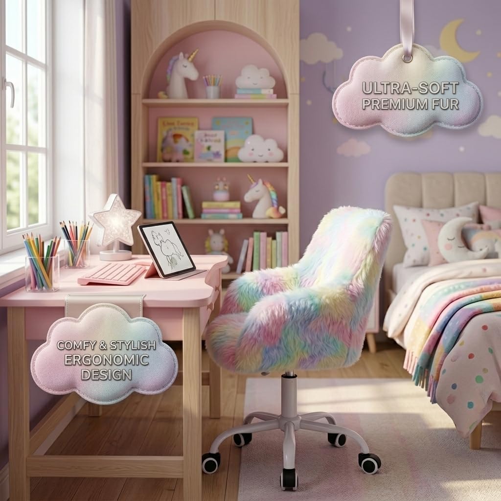Rainbow Faux Fur Swivel Kids Study Chair