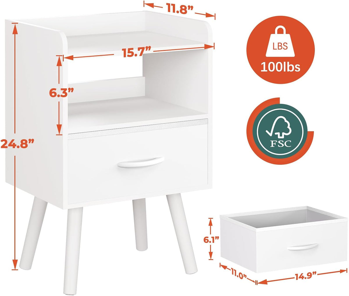 Mid‑Century Wood Nightstand With Storage