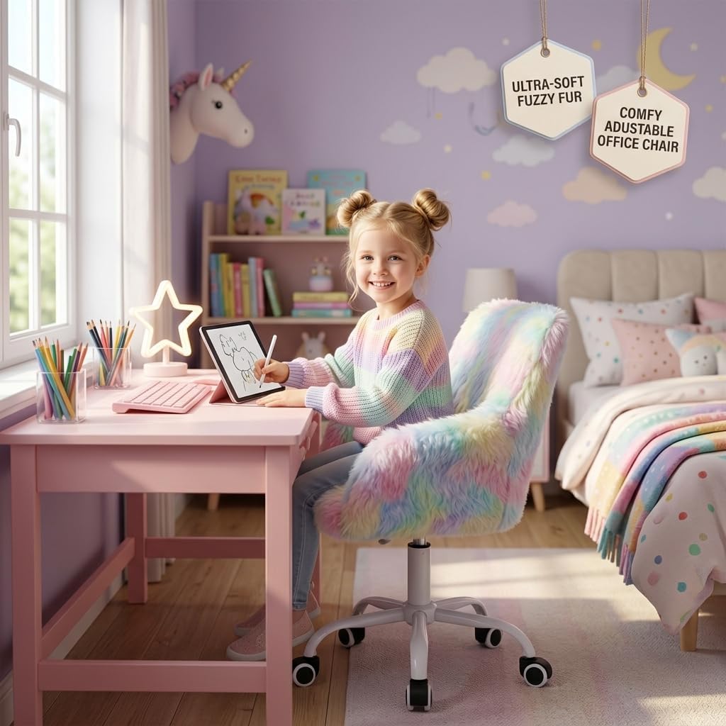 Rainbow Faux Fur Swivel Kids Study Chair