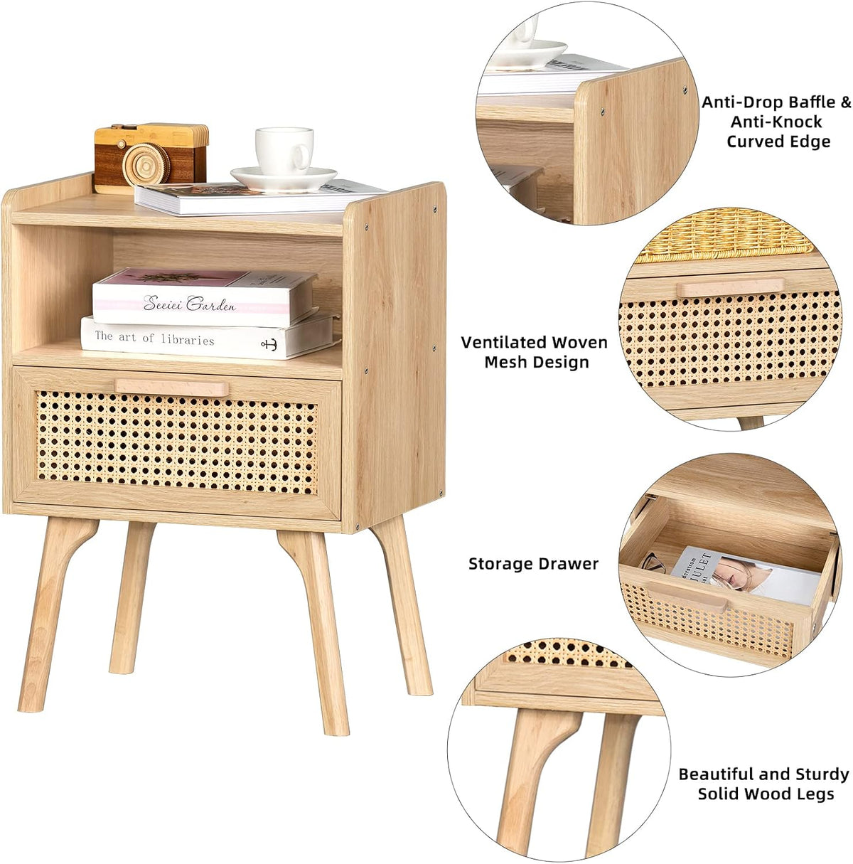 Boho Rattan Nightstand With Storage Drawer