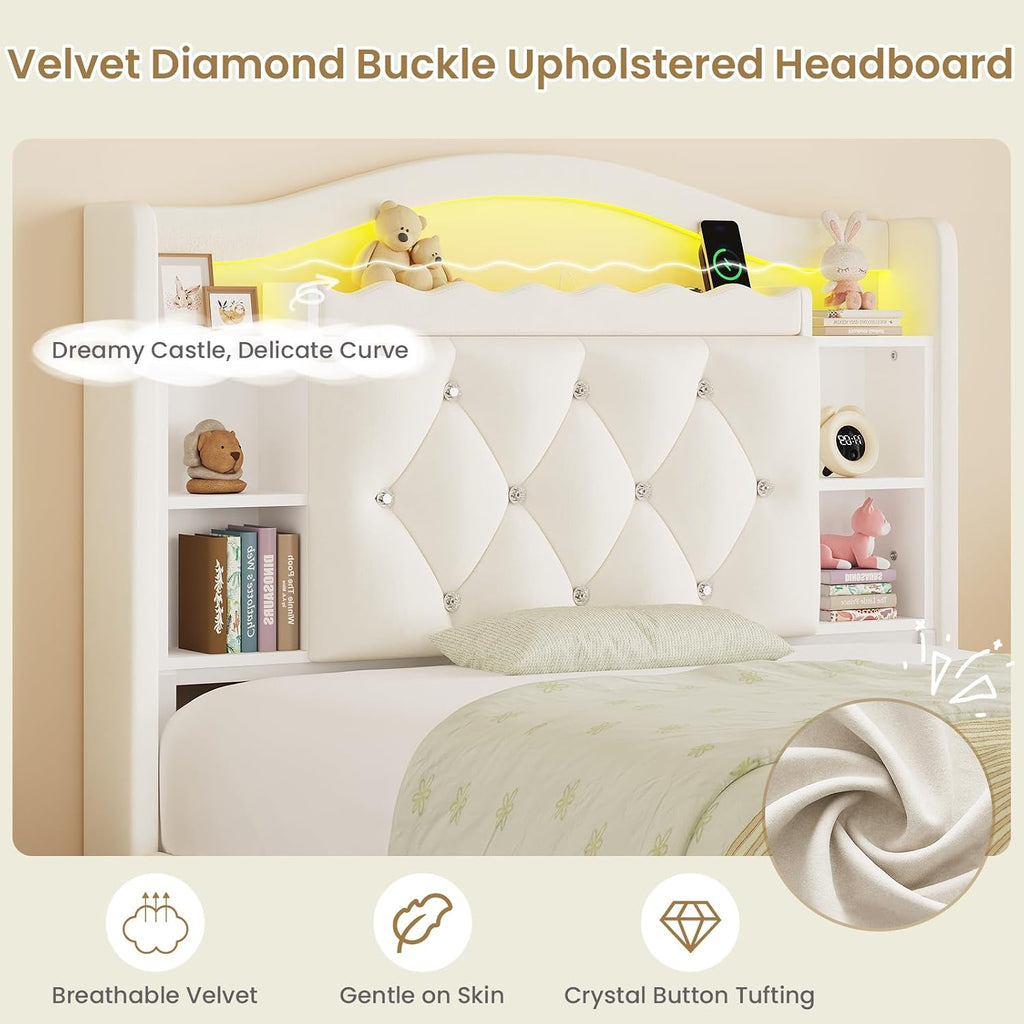 Beige Velvet Twin Kids Storage Bed Frame
