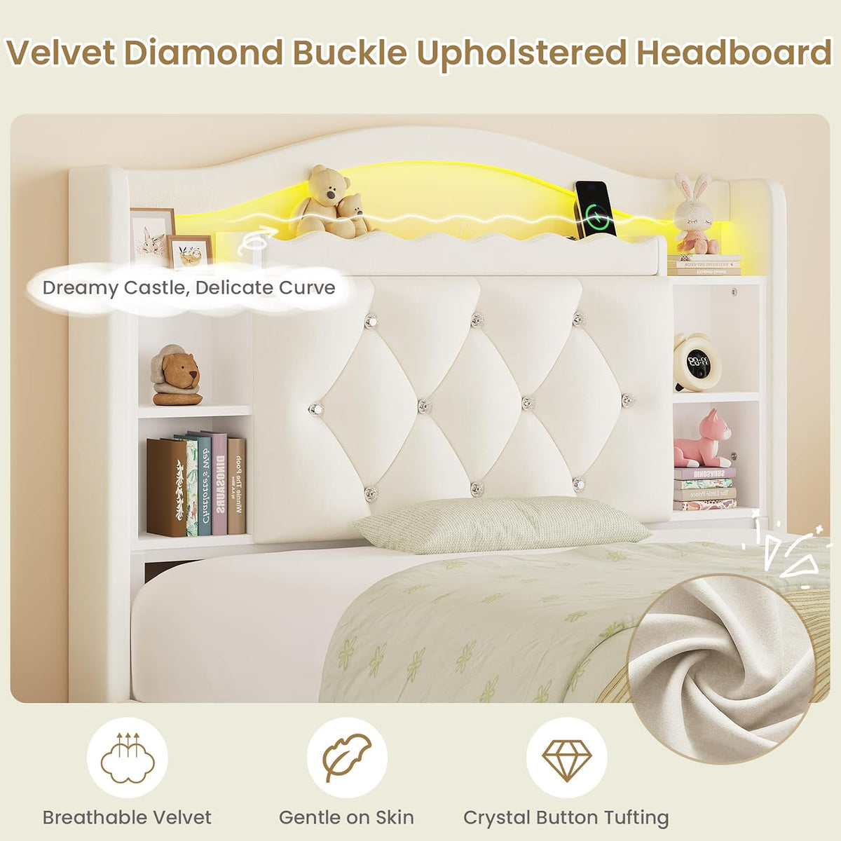 Beige Velvet Twin Kids Storage Bed Frame