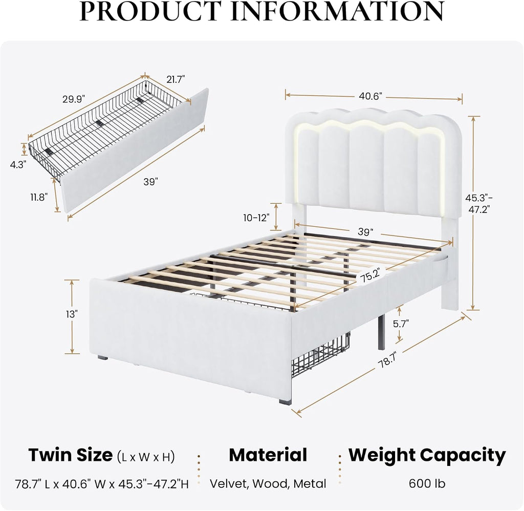 White Twin Bed Frame With LED Storage Drawer