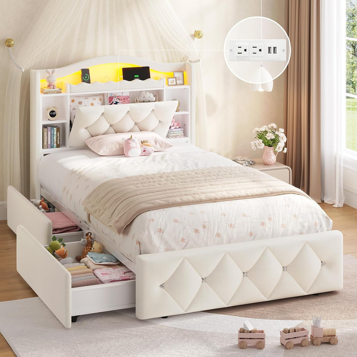 Beige Velvet Twin Kids Storage Bed Frame