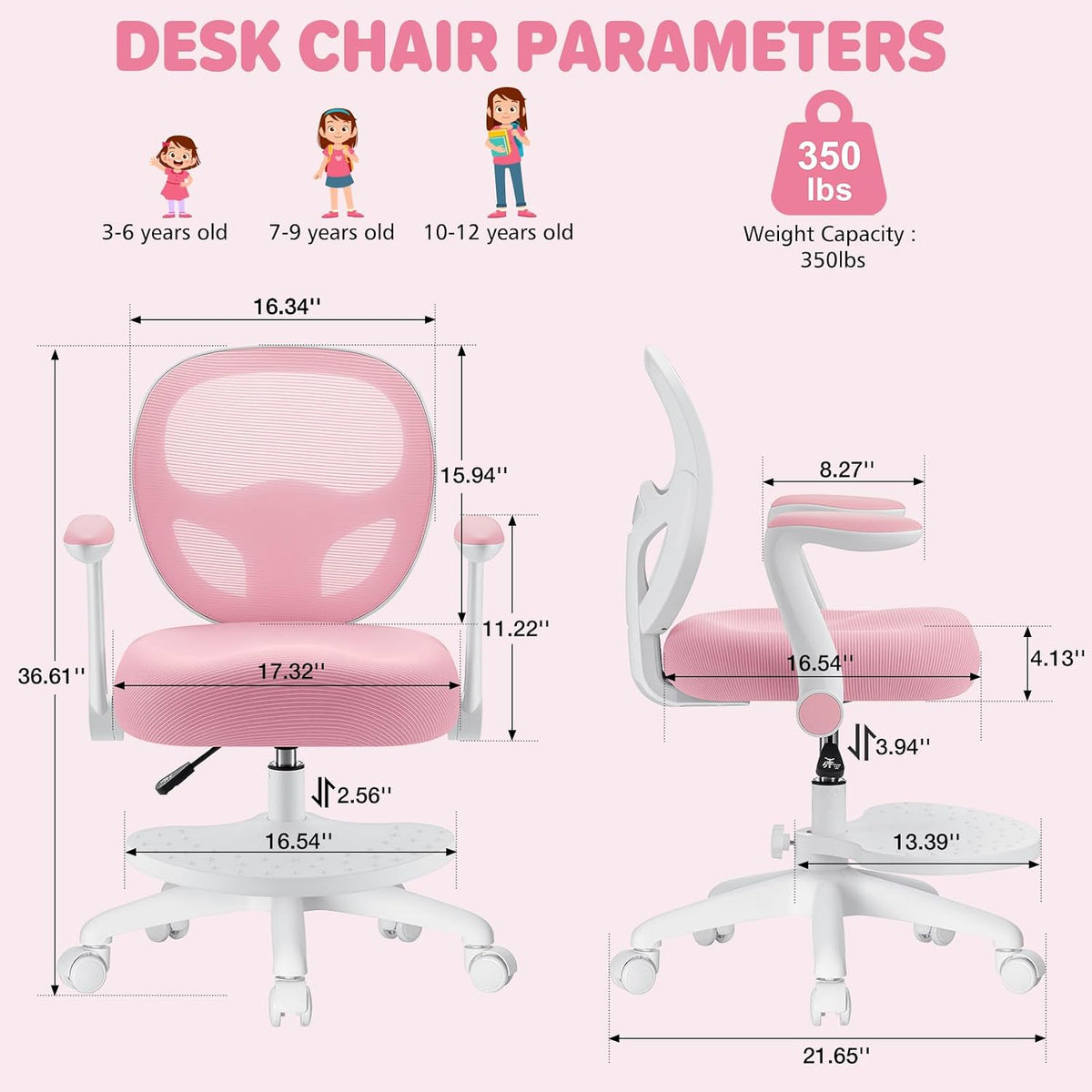Pink Ergonomic Kids Desk Chair Flip‑Arms