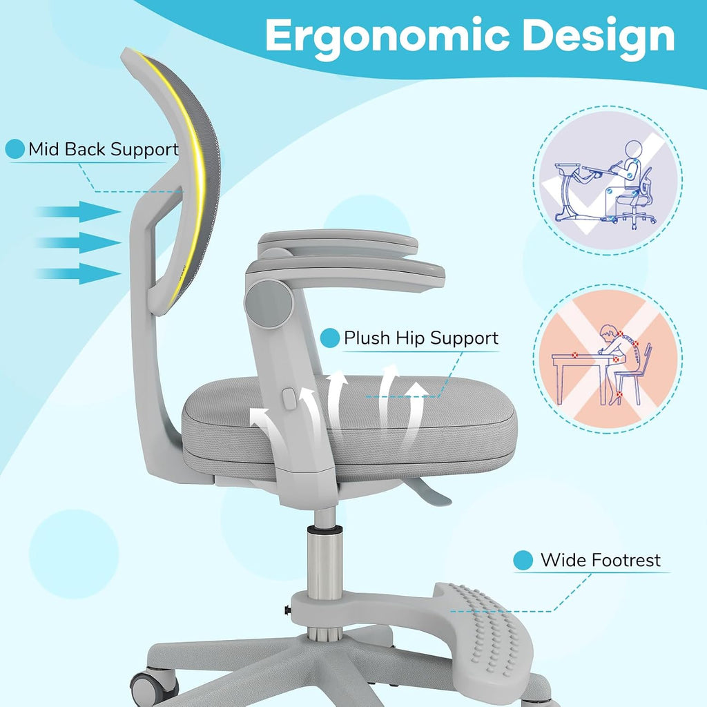 Gray Swivel Ergonomic Rolling Kids Desk Chair