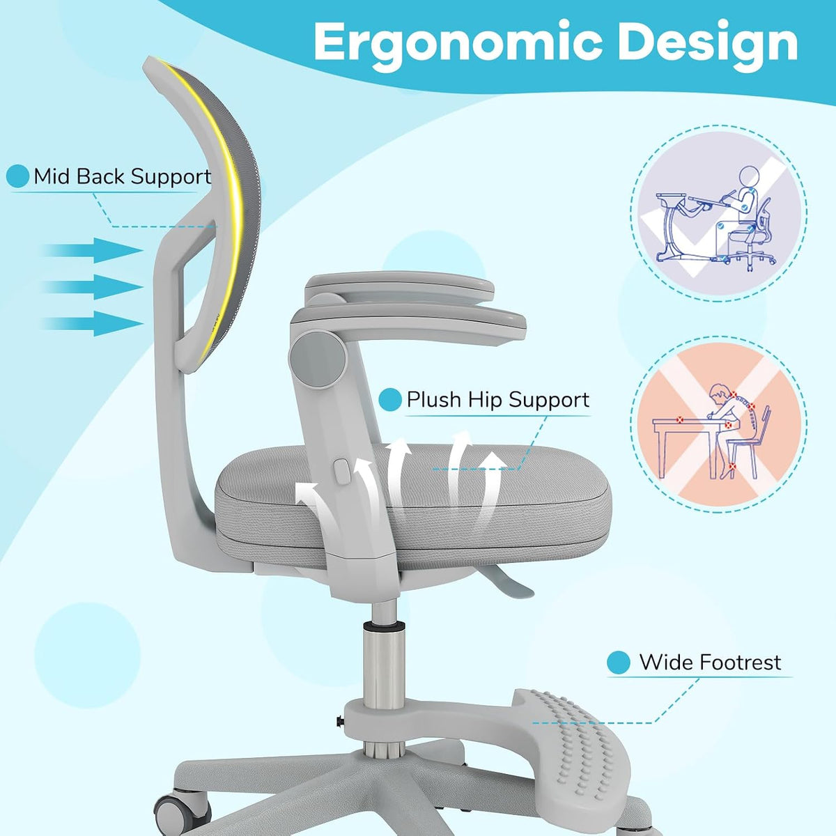Gray Swivel Ergonomic Rolling Kids Desk Chair