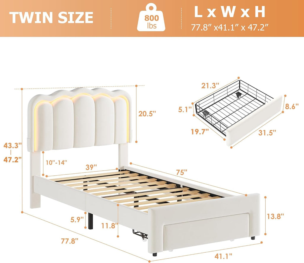 Beige Velvet LED Twin Storage Bed Frame