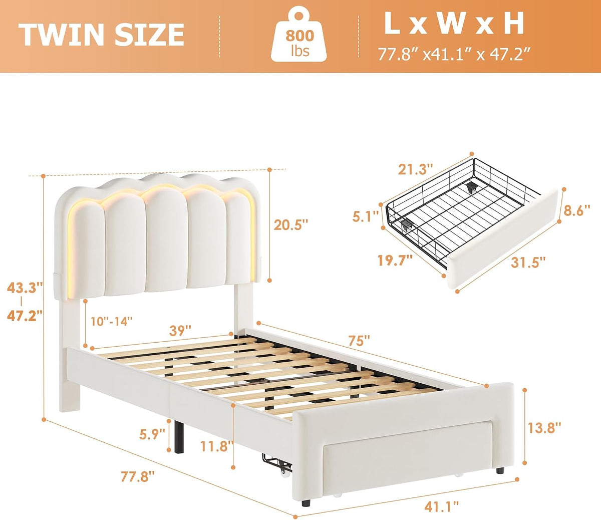 Beige Velvet LED Twin Storage Bed Frame