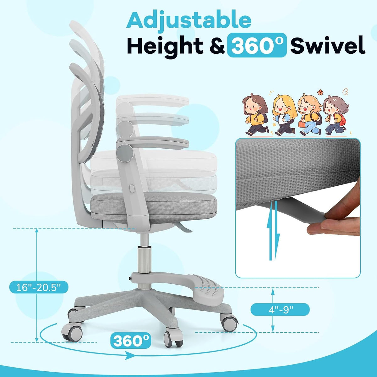 Gray Swivel Ergonomic Rolling Kids Desk Chair