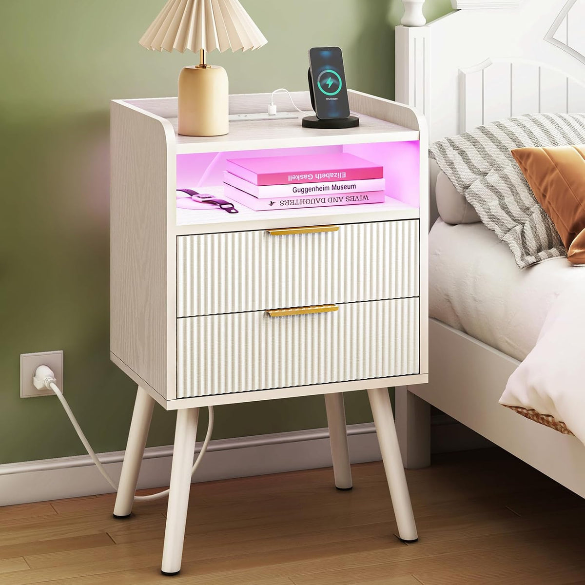 White Nightstand With Charging Station