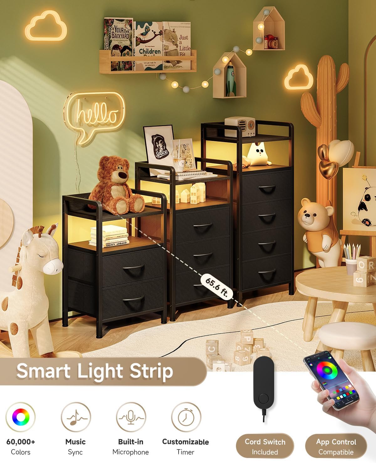 Black Nightstand With LED Charging Station