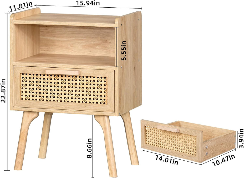 Boho Rattan Nightstand With Storage Drawer