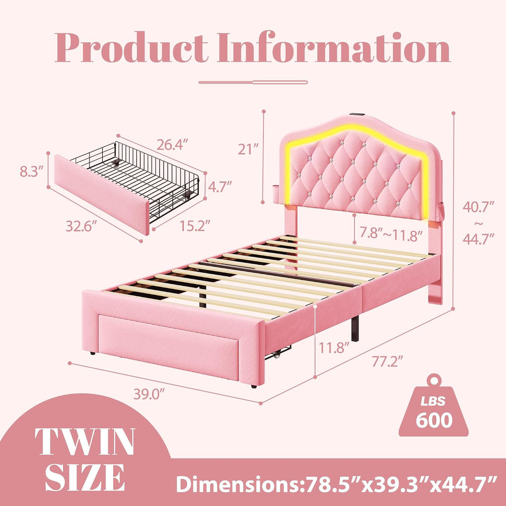 Pink Velvet Twin Girls Storage Bed Frame