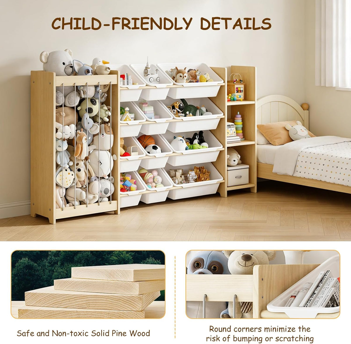 White Wood Kids Toy Organizer Bookcase