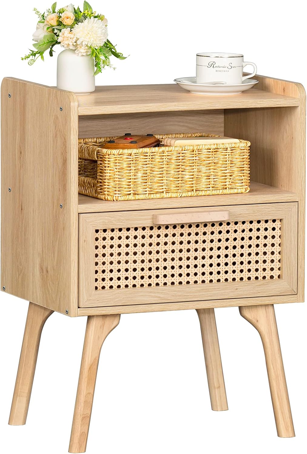 Boho Rattan Nightstand With Storage Drawer