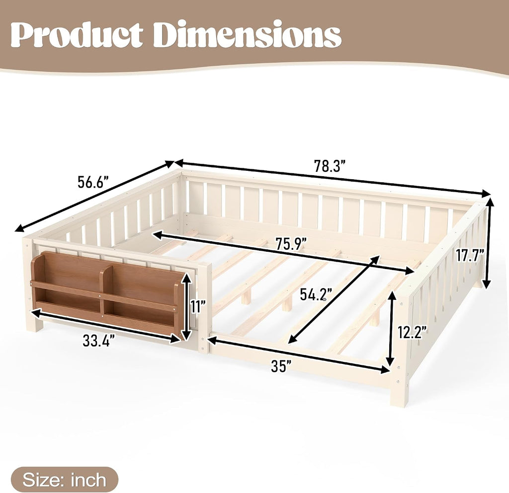 Beige Full Montessori Floor Bed With Rails