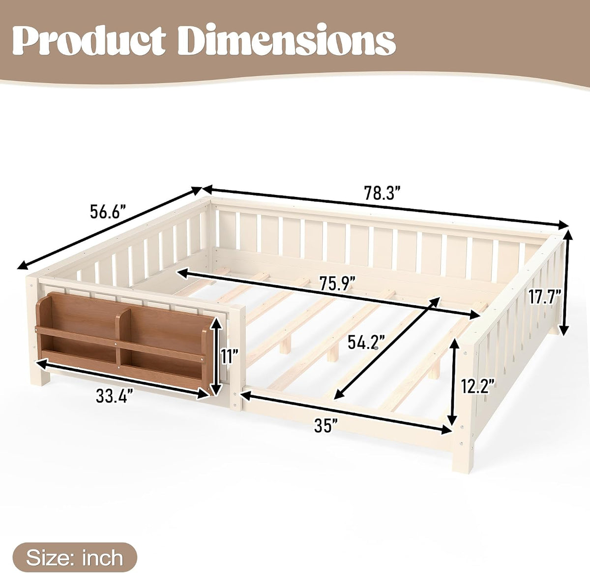 Beige Full Montessori Floor Bed With Rails