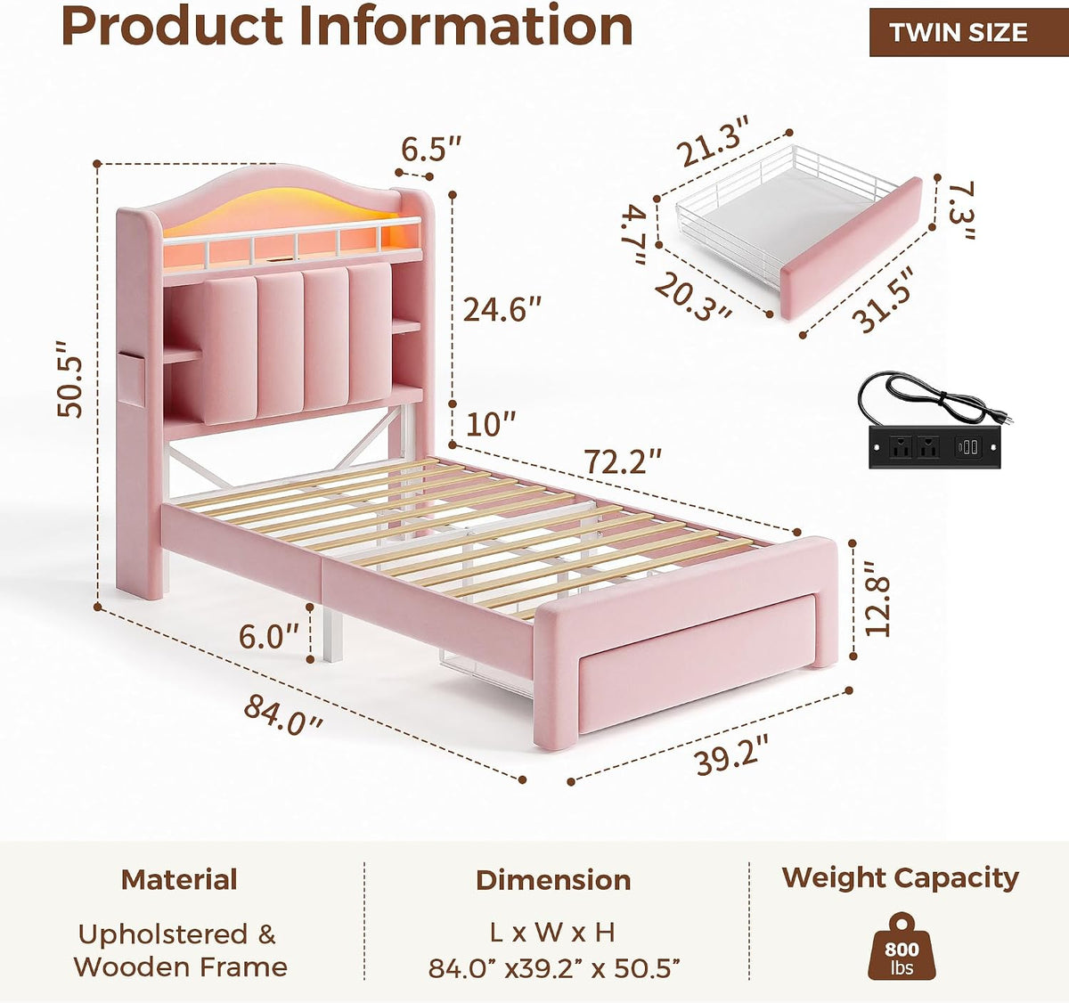 Pink Velvet Twin LED Storage Bed Frame