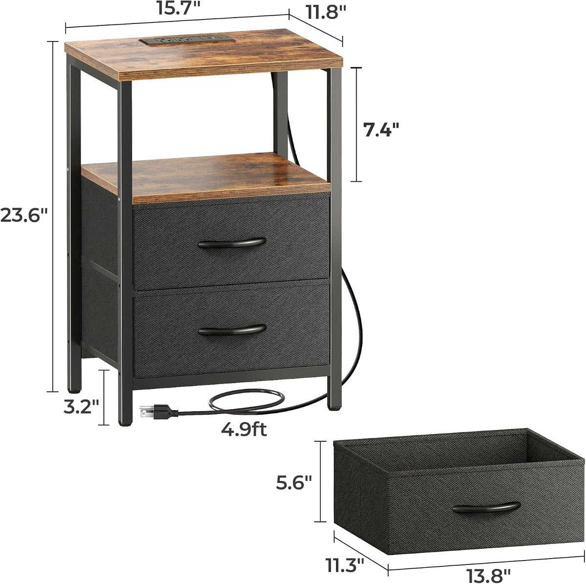 Nightstand With Charging Fabric Drawers