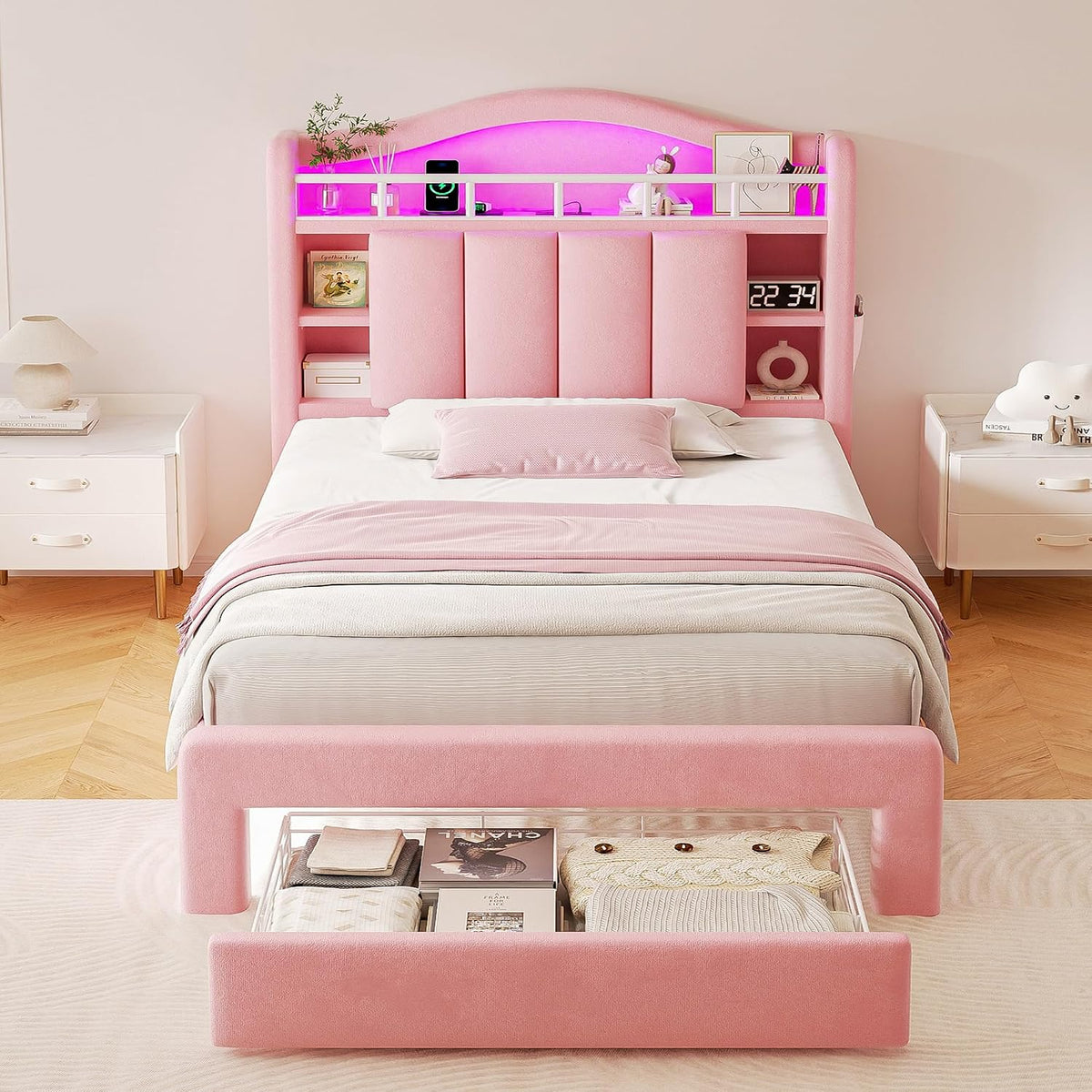 Pink Velvet Twin LED Storage Bed Frame