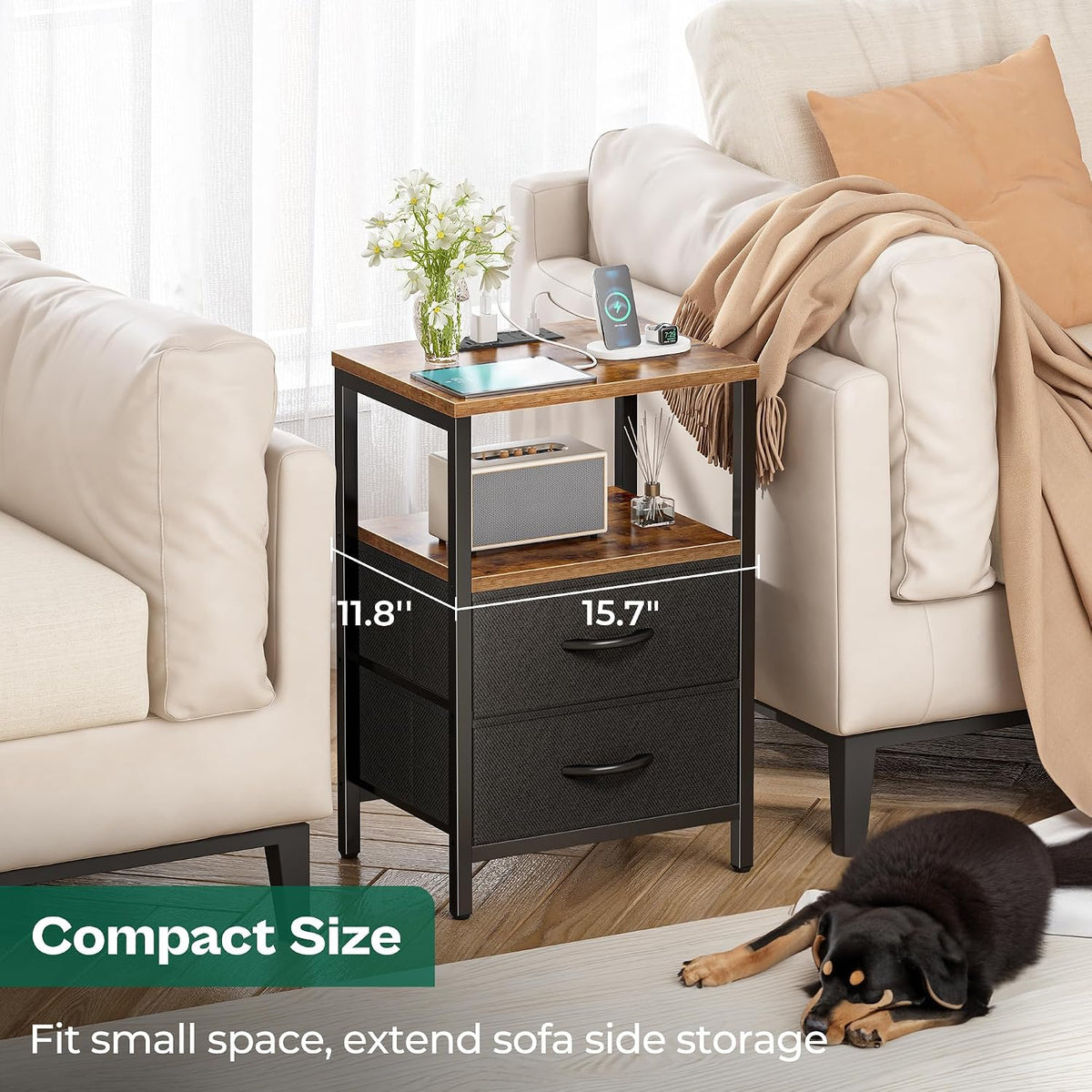 Nightstand With Charging Fabric Drawers