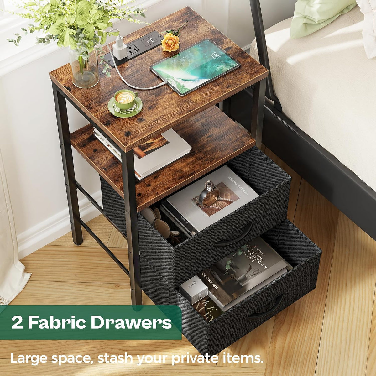 Nightstand With Charging Fabric Drawers