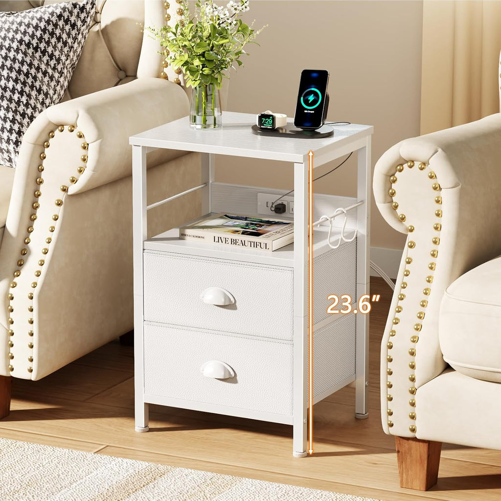 White Nightstand With Charging Storage Drawers