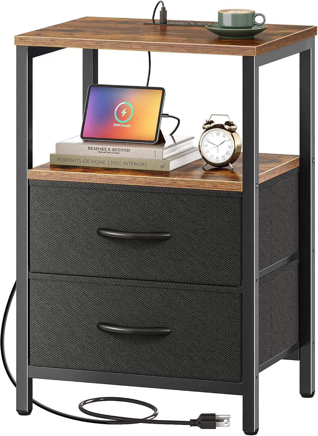 Nightstand With Charging Fabric Drawers