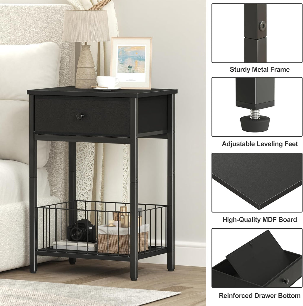 Black Small Nightstand With Storage Drawer