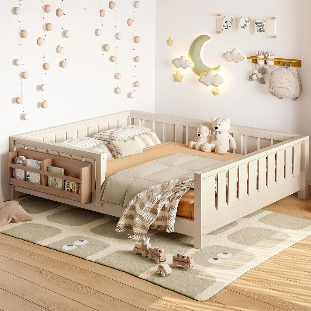 Beige Full Montessori Floor Bed With Rails