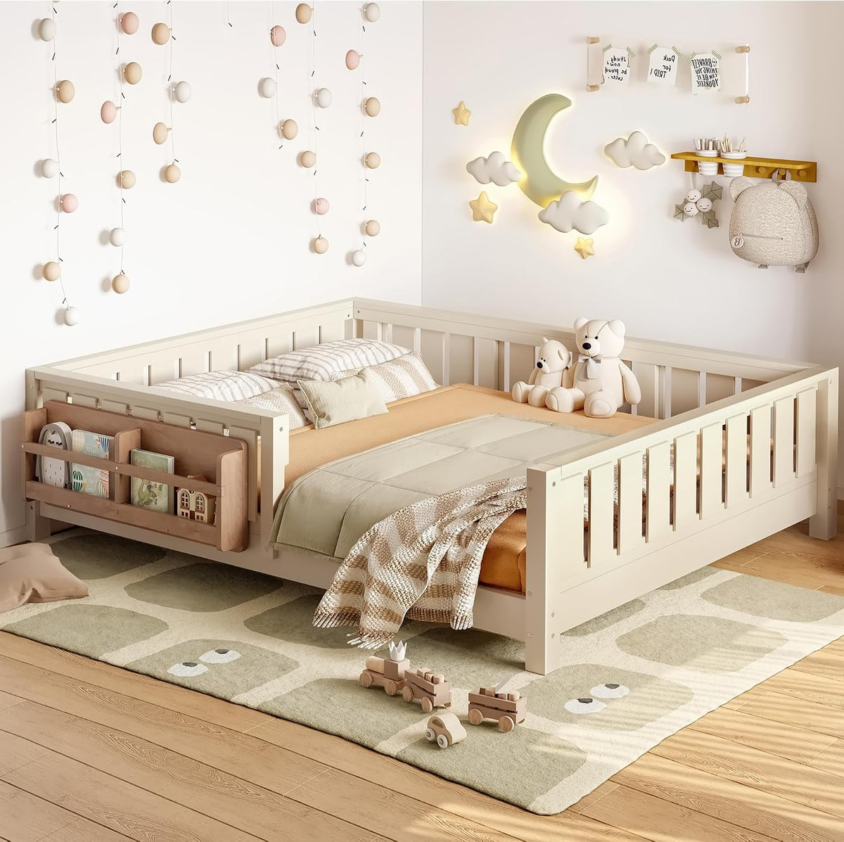 Beige Full Montessori Floor Bed With Rails