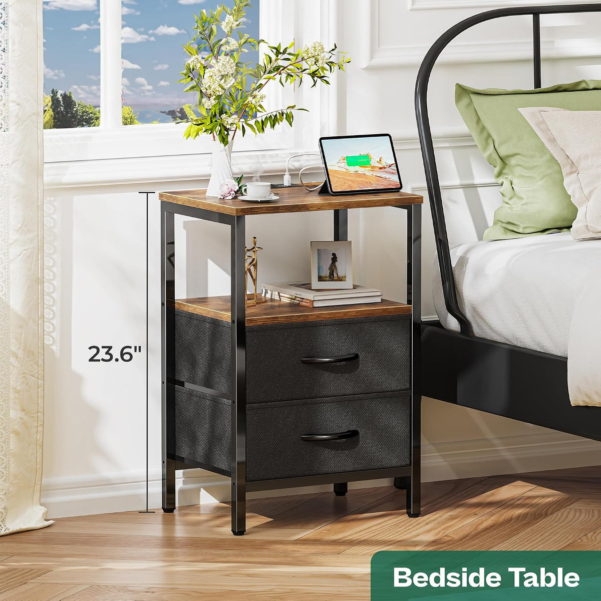 Nightstand With Charging Fabric Drawers