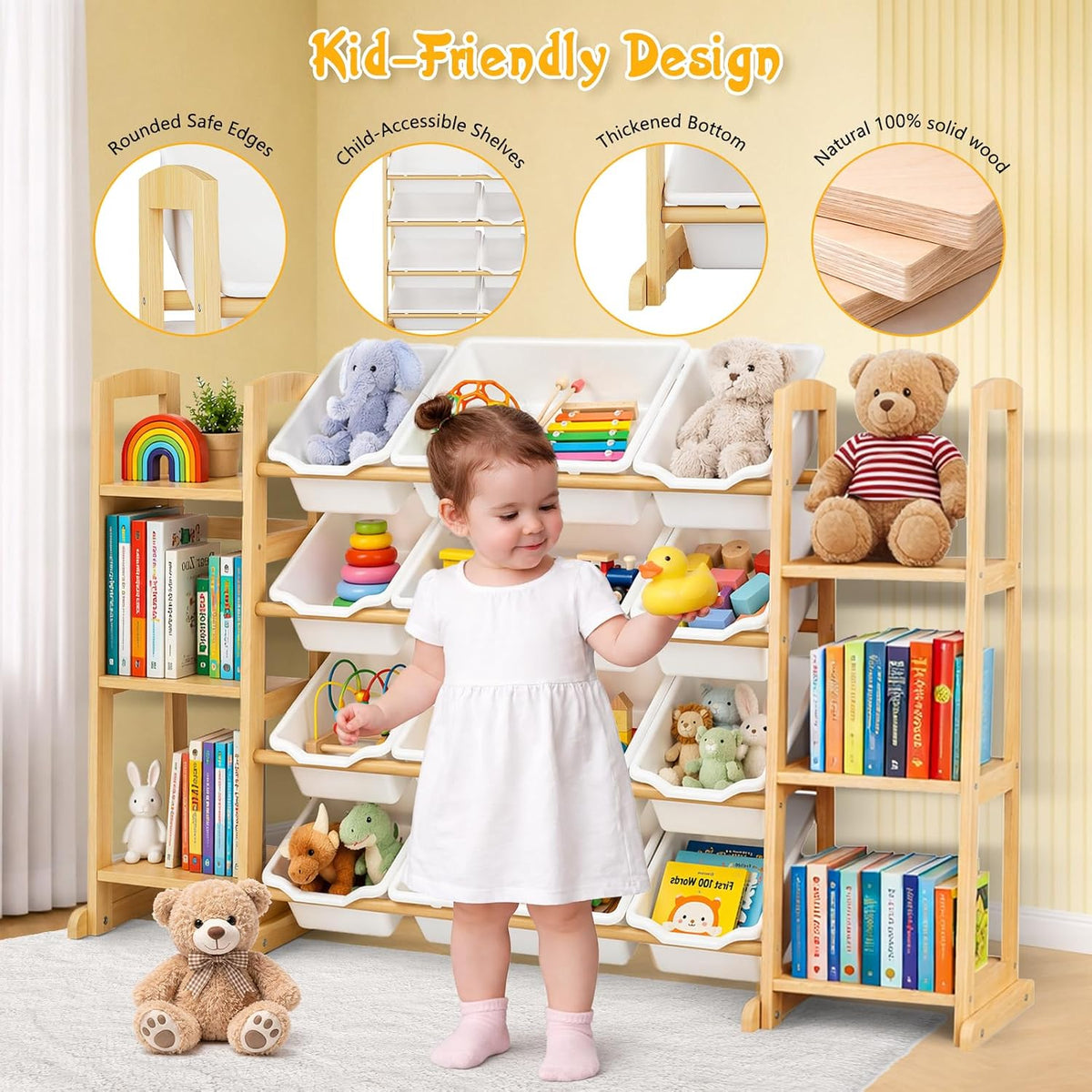 White Wooden Kids Toy Organizer Bookshelf