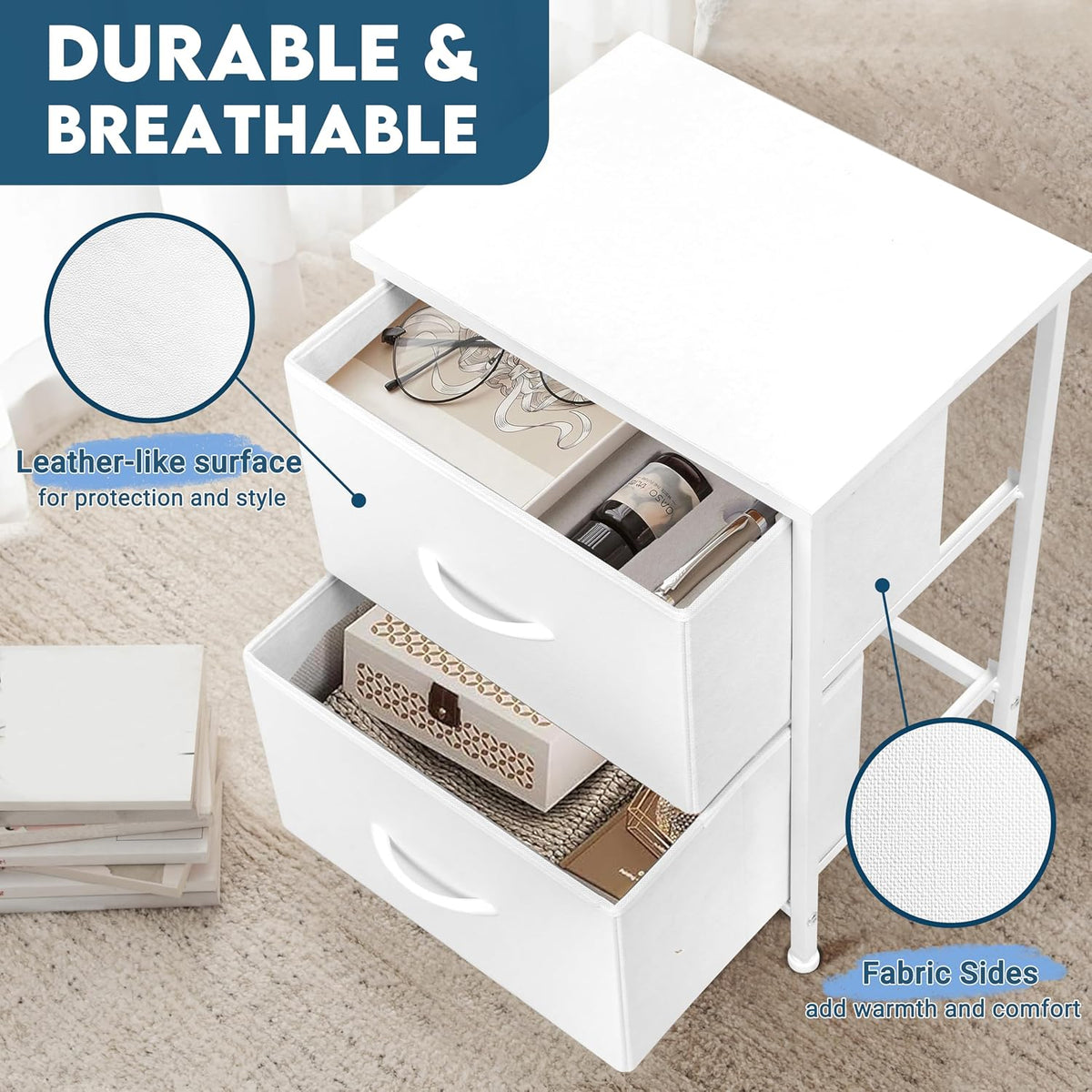 White Nightstand With 2 Fabric Drawers