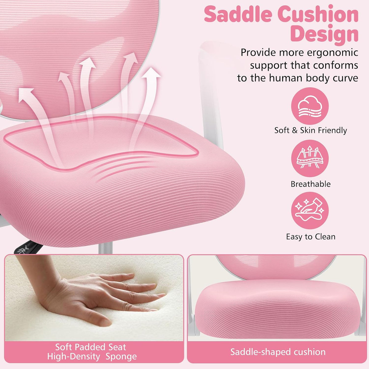 Pink Ergonomic Kids Desk Chair Flip‑Arms