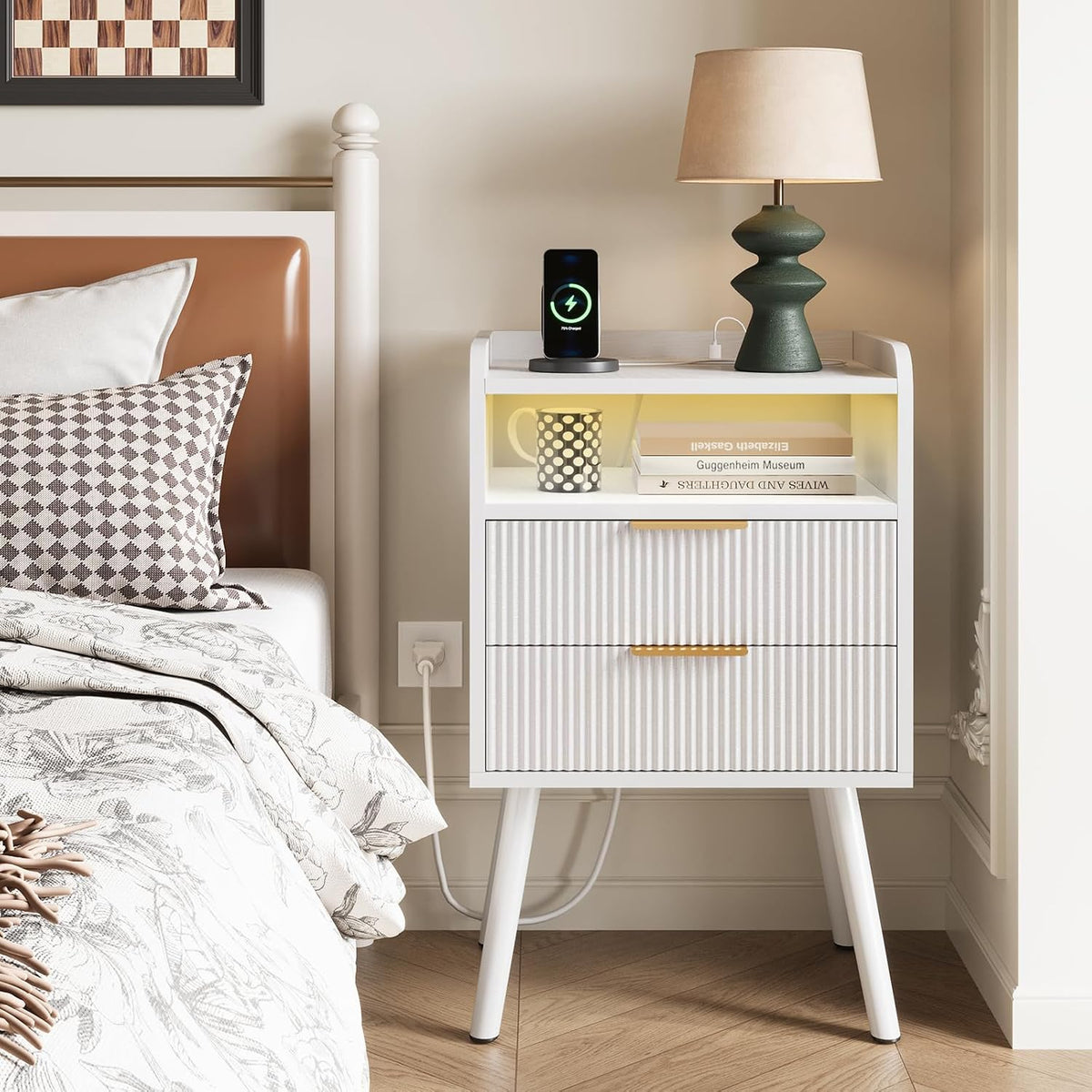 White Nightstand With Charging Station