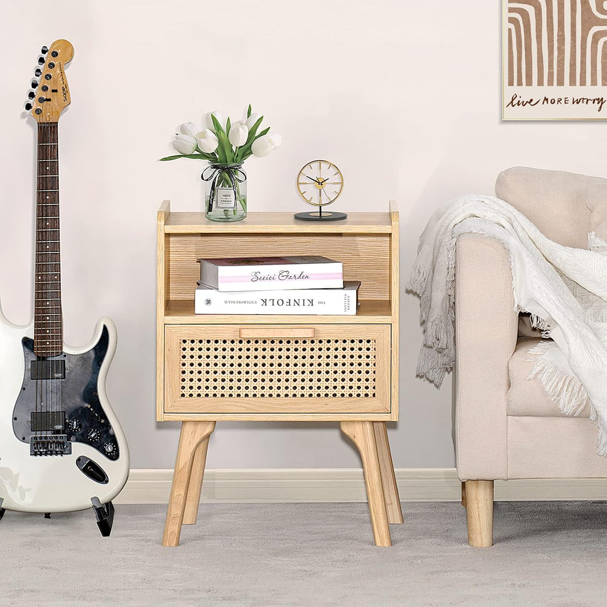 Boho Rattan Nightstand With Storage Drawer