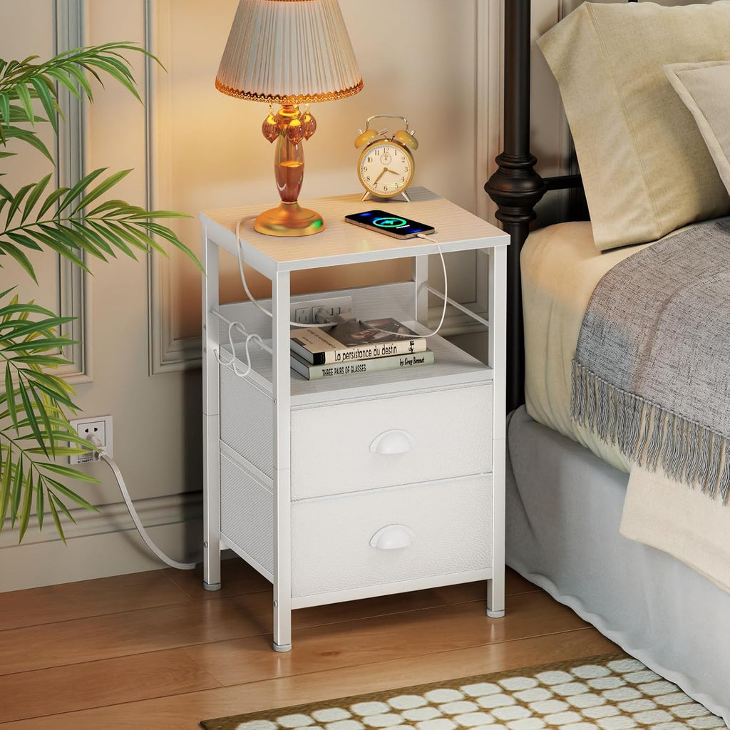 White Nightstand With Charging Storage Drawers
