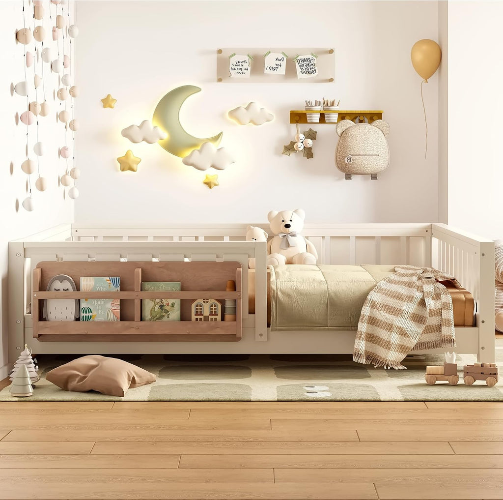 Beige Full Montessori Floor Bed With Rails
