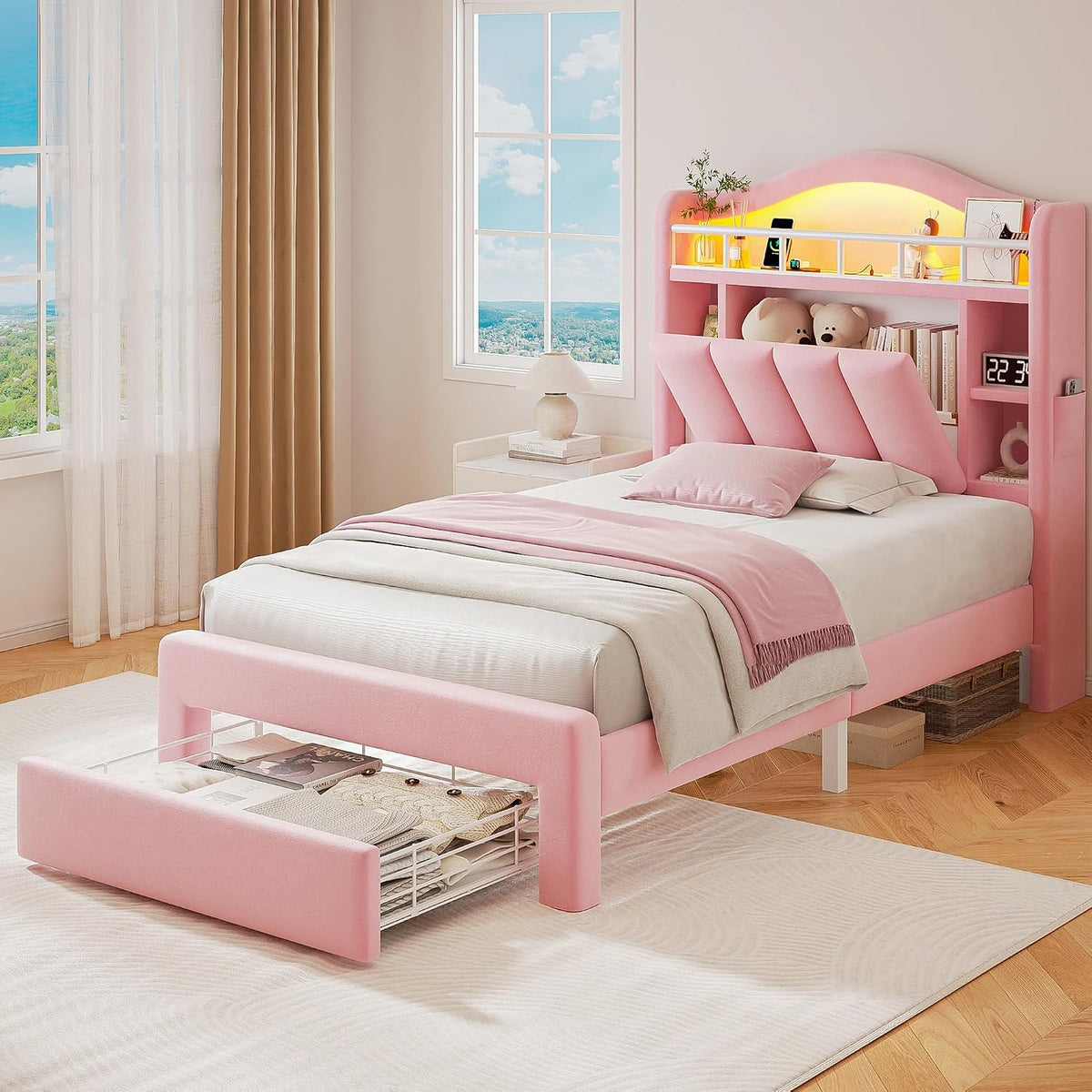 Pink Velvet Twin LED Storage Bed Frame