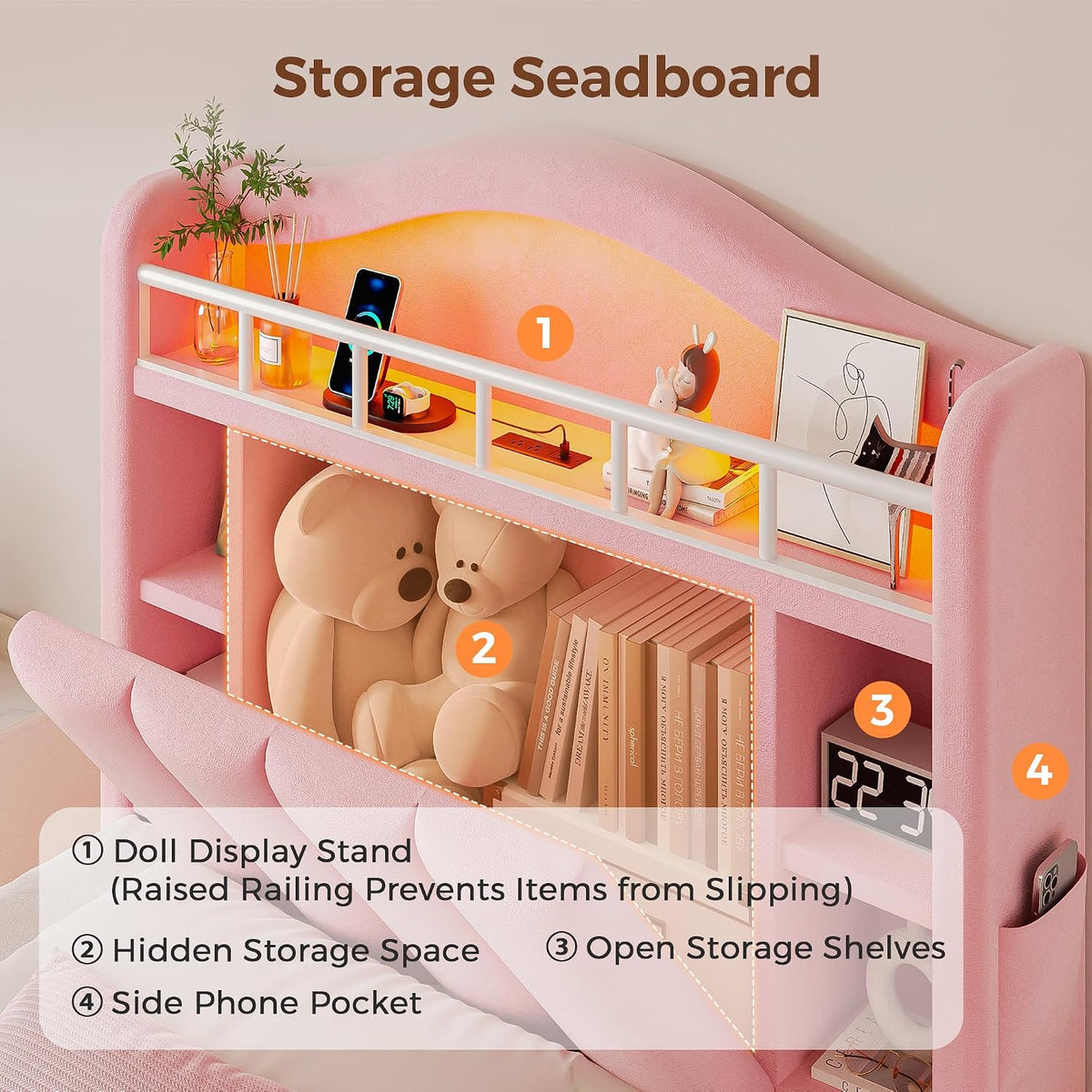 Pink Velvet Twin LED Storage Bed Frame